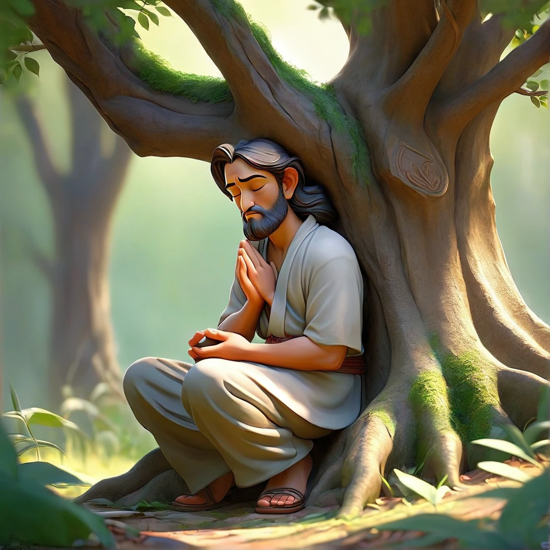 Sob a serene glass, on a peaceful day, A man kneels, in voracious prayer. Bible in hands, words of light, Seek the comfort that faith always translates.The shadow of the tree, shelter and refreshment, A sacred encounter, an ethereal moment. With eyes closed and heart open, Pray fervently, search for the right path.Every leaf that falls, a divine whisper, Guiding your words, showing the destination. On sacred ground, your soul surrenders, To God omnipresent, his life he extends.under the tree, symbol of life and shelter, A man and his faith, in an old dialogue. kneeling in prayer, his strength he renews.