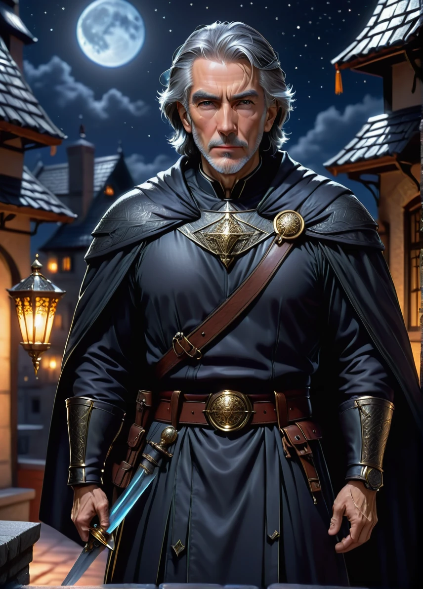 thief , mature slim male, gray hair, skinny, cloaking symbols and patterns, stealthy, night roofs with stary sky , holding an dagger, full shot, ((looking at viewer:1.2), (from side:0.8)), full armor, athletic, volumetric lighting dynamic lighting, real shadows, vibrant contrasting colors, style of Stephen Hickman and Stan Manoukian, ultra realistic, masterpiece, high quality, highres, sharp focus, intricate, sharp details, highly detailed, rich color, 8K,