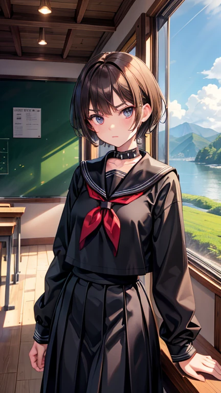 Adult features short spiky hair Dull brown hair Sharp Eyes Glaring at me frivolous attitude tall Country-style black sailor suit Nagoya collar Long skirt Rural classroom