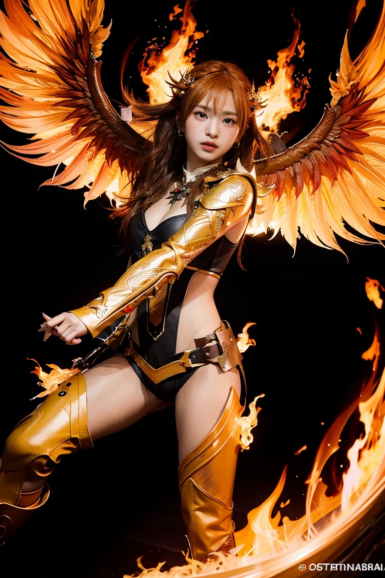 Close-up of a woman with fire and flames on her body., With fiery golden wings. of flame, With fiery golden wings., Grand fantasy art style, concept art | Art Anointing, phoenix warrior, extremely detailed Art Anointing, Grand fantasy digital art style, Female Master of Change, full portrait of elementalist, Excellent and neat character art