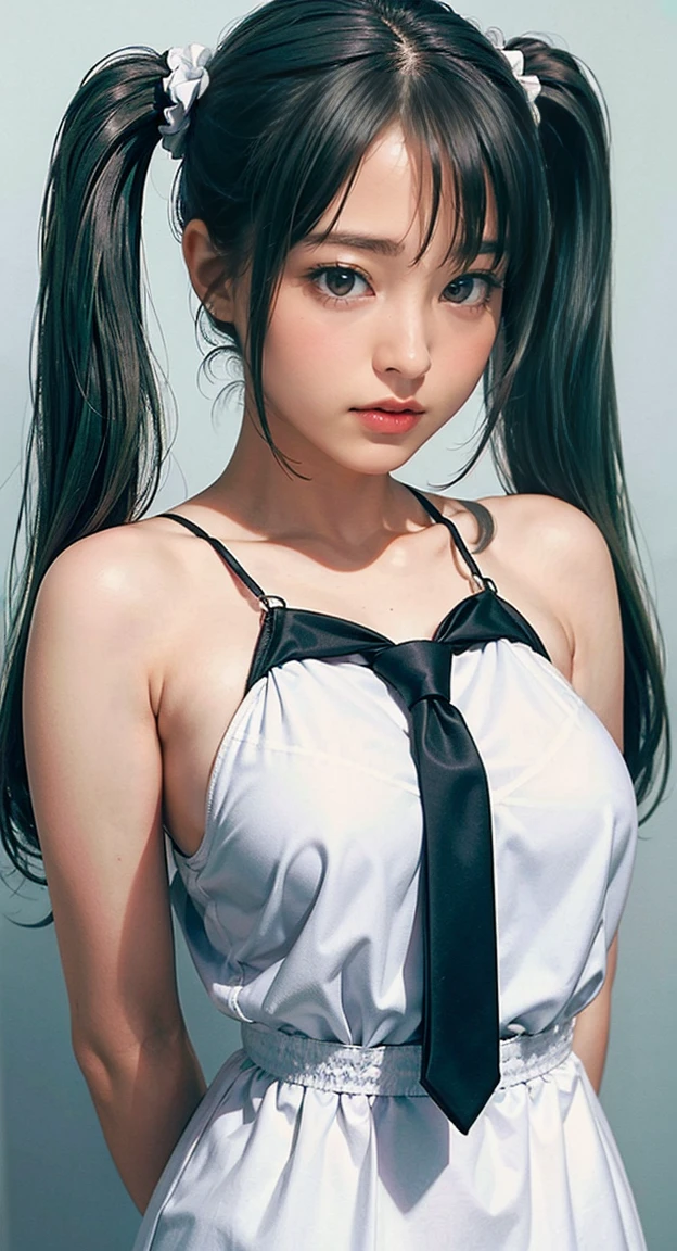 Innocence, Dark green hair, Twin tails, Put your arms behind your back, White Dress, Black waist tie, girl,blue eyes,