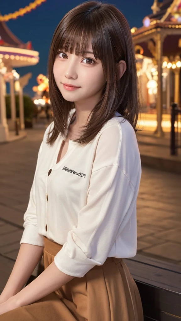 One Girl, (Beautiful girl, Delicate girl:1.3), (:1.3),
break, (Overshirt:1.2), Long skirt,
break, (Night Theme Park, illumination:1.2),
break, Very beautiful eyes, (Symmetrical eyes:1.3),
break, Large Breasts, Brown eyes, Parted bangs, Brown Hair, (Upper teeth, The best smile:0.2),
break, (Eye and facial details:1.0),
break, (masterpiece, Highest quality, Super detailed, Detailed face, 8K)