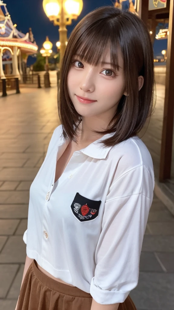 One Girl, (Beautiful girl, Delicate girl:1.3), (:1.3),
break, (Overshirt:1.2), Long skirt,
break, (Night Theme Park, illumination:1.2),
break, Very beautiful eyes, (Symmetrical eyes:1.3),
break, Large Breasts, Brown eyes, Parted bangs, Brown Hair, (Upper teeth, The best smile:0.2),
break, (Eye and facial details:1.0),
break, (masterpiece, Highest quality, Super detailed, Detailed face, 8K)