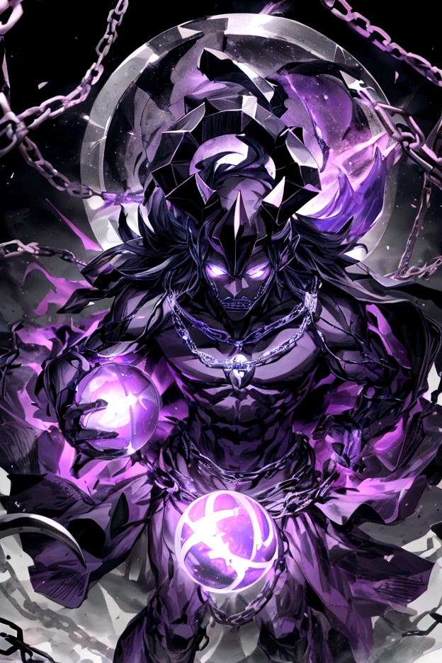 Make, god of destruction, almighty, destruction, can control a lot of chains, holding a dark sphere with chains circling it, dark clothing, black, purple, male, focused