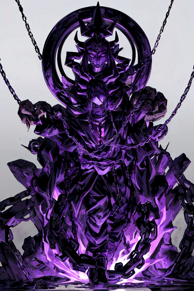 Make, god of destruction, almighty, destruction, can control a lot of chains, holding a dark sphere with chains circling it, dark clothing, black, purple, male, focused 