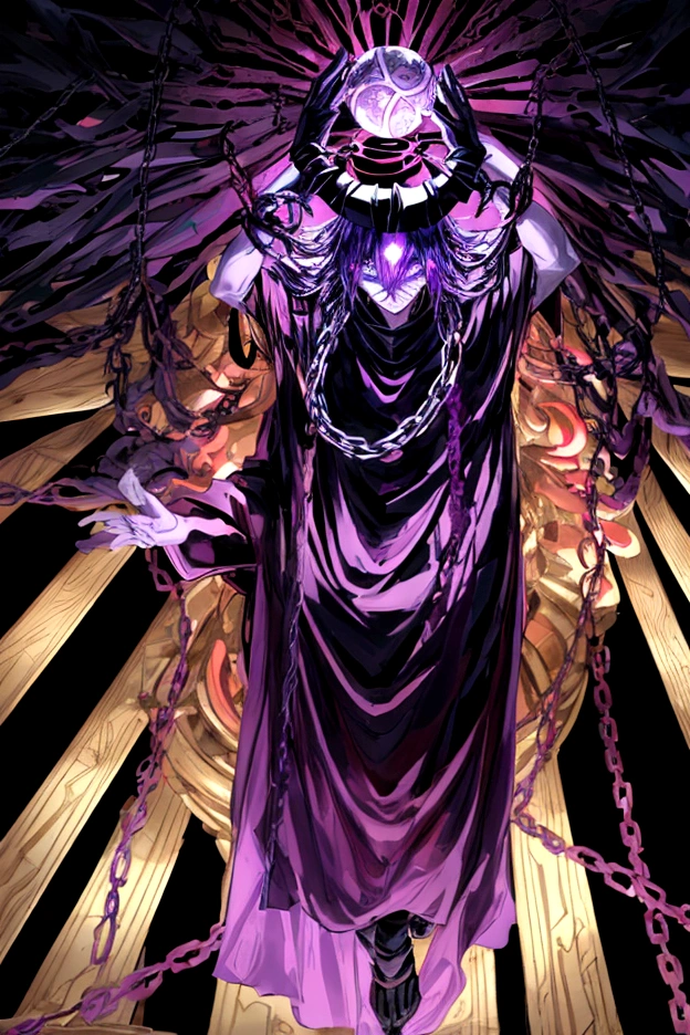 Make, god of destruction, almighty, destruction, can control a lot of chains, holding a dark sphere with chains circling it, dark clothing, black, purple, male, focused