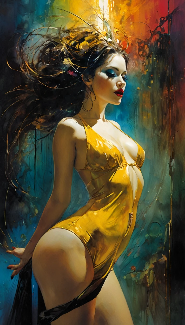 The art of seduction (art inspired in Bill Sienkiewicz). oil painting) (best quality,4k,8k,highres,masterpiece:1.2),ultra-detailed,(realistic,photorealistic,photo-realistic:1.37),intricate details,vivid colors,sharp focus,professional,Dave McKean artwork, oil touch of surrealism,oil painting style
