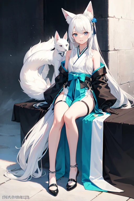 (HD 1080p),(high quality),(detailed),white fox ears、White hair、neat long hair,blue eyes,Hanfu(sleeveless)、black(Gloves、stocking),White shoes、look ahead,((One,16 years old,female,whole body))