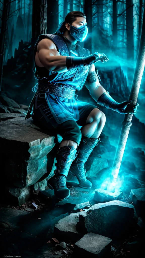  Sub-Zero KuaiLiang masterpiece, best cinematic quality, photorealistic highly detailed 8k raw photo, volumetric lighting, volumetric shadows, man, sitting on a big mountain, gloves, blue armor, A dilapidated, haunted house with creaking floors and whispers in the wind, helmet, mask, holding a sword, extreme close-up