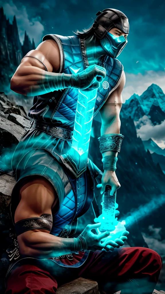  Sub-Zero KuaiLiang masterpiece, best cinematic quality, photorealistic highly detailed 8k raw photo, volumetric lighting, volumetric shadows, man, sitting on a big mountain, gloves, blue armor, A dilapidated, haunted house with creaking floors and whispers in the wind, helmet, mask, holding a sword, extreme close-up