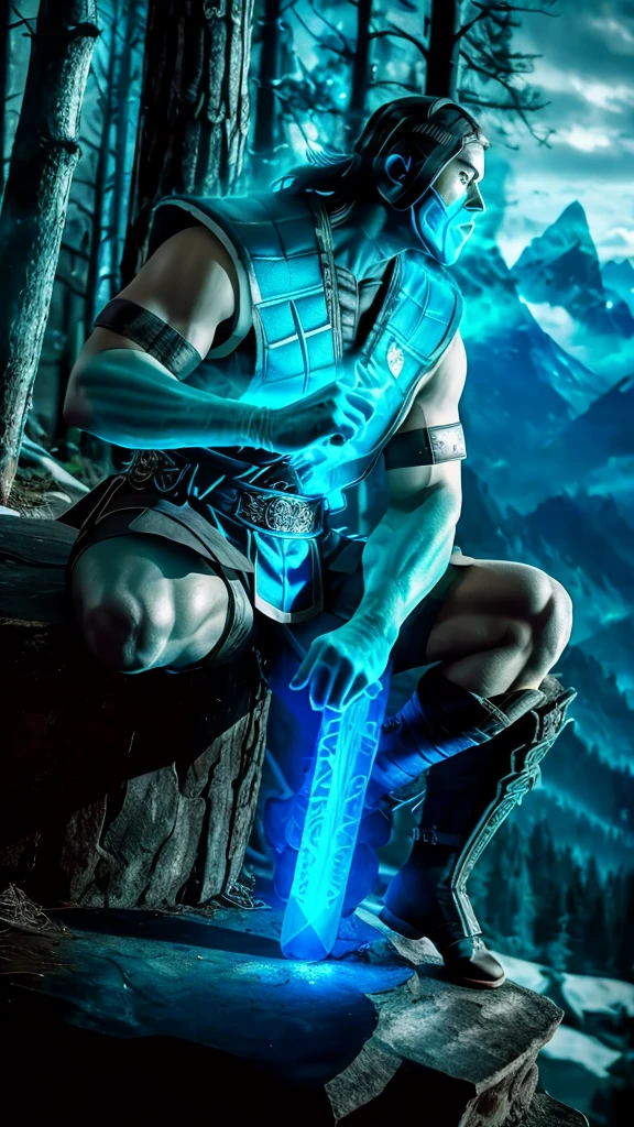  Sub-Zero KuaiLiang masterpiece, best cinematic quality, photorealistic highly detailed 8k raw photo, volumetric lighting, volumetric shadows, man, sitting on a big mountain, gloves, blue armor, A dilapidated, haunted house with creaking floors and whispers in the wind, helmet, mask, holding a sword, extreme close-up