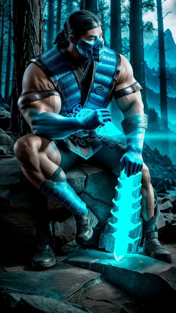  Sub-Zero KuaiLiang masterpiece, best cinematic quality, photorealistic highly detailed 8k raw photo, volumetric lighting, volumetric shadows, man, sitting on a big mountain, gloves, blue armor, A dilapidated, haunted house with creaking floors and whispers in the wind, helmet, mask, holding a sword, extreme close-up