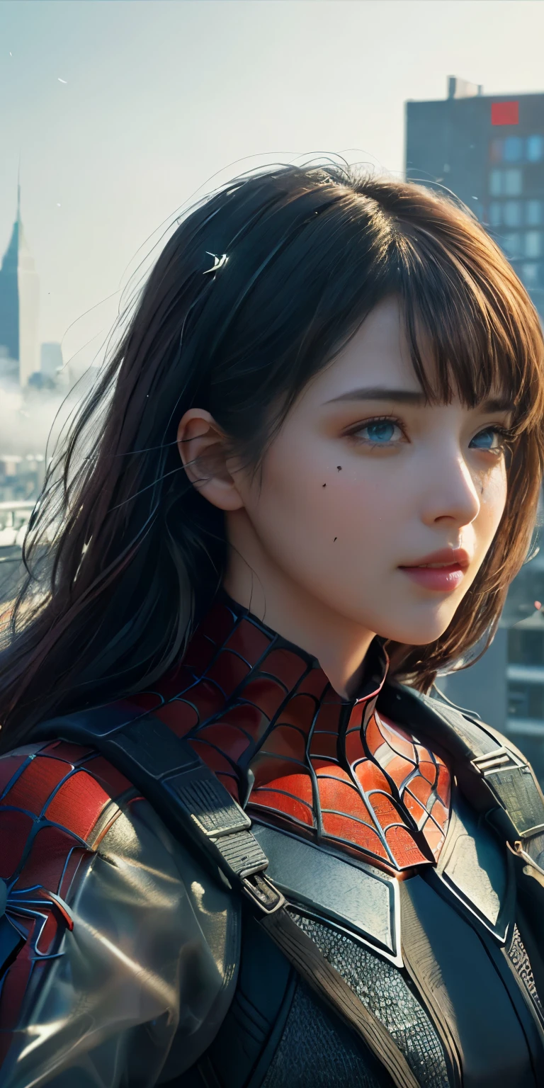(1girl:1.3), Solo, (((Very detailed face)))), ((Very detailed eyes and face)))), Beautiful detail eyes, Body parts__, Official art, Unified 8k wallpaper, Super detailed, beautiful and beautiful, beautiful, masterpiece, best quality, original, masterpiece, super fine photo, best quality, super high resolution, realistic realism, sunlight, full body portrait, amazing beauty, dynamic pose, delicate face, vibrant eyes, (from the front), She wears Spider-Man suit, red and black color scheme, spider, very detailed city roof background, rooftop, overlooking the city, detailed face, detailed complex busy background, messy, gorgeous, milky white, highly detailed skin, realistic skin details, visible pores, clear focus, volumetric fog, 8k uhd, DSLR, high quality, film grain, fair skin, photo realism, lomography, futuristic dystopian megalopolis, translucent