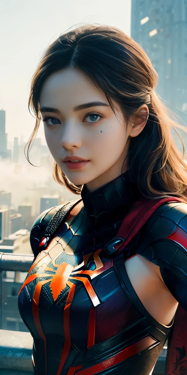 (1girl:1.3), Solo, (((Very detailed face)))), ((Very detailed eyes and face)))), Beautiful detail eyes, Body parts__, Official art, Unified 8k wallpaper, Super detailed, beautiful and beautiful, beautiful, masterpiece, best quality, original, masterpiece, super fine photo, best quality, super high resolution, realistic realism, sunlight, full body portrait, amazing beauty, dynamic pose, delicate face, vibrant eyes, (from the front), She wears Spider-Man suit, red and black color scheme, spider, very detailed city roof background, rooftop, overlooking the city, detailed face, detailed complex busy background, messy, gorgeous, milky white, highly detailed skin, realistic skin details, visible pores, clear focus, volumetric fog, 8k uhd, DSLR, high quality, film grain, fair skin, photo realism, lomography, futuristic dystopian megalopolis, translucent