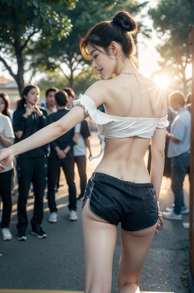 (((best quality))),(((ultra detailed))),(((masterpiece))),illustration,((1 beautiful girl,solo)),((slim,thin)),((shoulder off,strapless,bare back,towering hips,butt crack)), outside school gate, summer twilight, sunlight,(short ponytail:1.3),((white short-sleeved shirt)),((clavicalis,navel)),((navy blue sports shorts,slender legs)),animated face, excited eyes, sounds of laughter, chatter, excitement of summer vacation, air filled with energy, school gate golden glow, symbol of end of academic year, schoolyard transformed, reunion, farewells, embracing setting sun, face illuminated, moment captured, fleeting instant, essence of summer, carefree spirit, youthful exuberance, embodiment of season, sun dips, rosy glow, joy of living,promise of adventures,((standing,from back,upper body)),(surrounded by crowded crowds:1.3)
