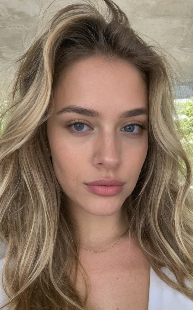 Jolie belle blonde russe faisant un selfie DE HAUT en regardant la camera de fasse , Selfie, décolleté, highly detailed, 19 ans, visage innocent, naturally wavy hair, yeux bleus, high resolucion, tmasterpiece, showing clevage