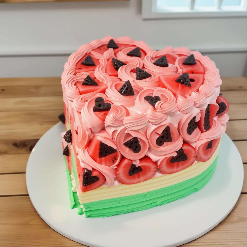on a black background, a cream cake in the form of a heart, in shape of watermelon, the lower part of the cake is made of green cream whirls, reproduces the texture of a watermelon, a cream layer of fresh, juicy white m'yakotia. The top layer consists of red cream, on top of which watermelon seeds are poured, made of polymer clay, window light, bright lights, soft light, window light, professional lighting, light from the window, neat light, realistic texture, realistic style, detailed texture, high quality, high resolution, high quality rendering, realistic photo, brightning light, macro photo