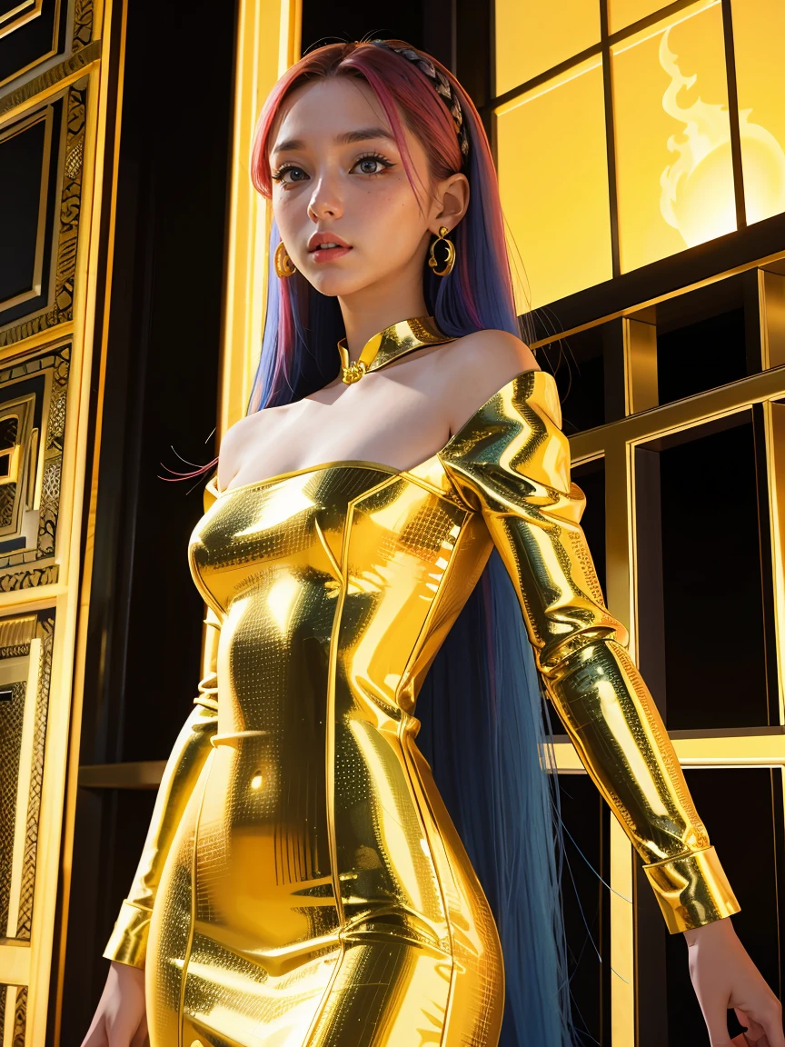 (absurdres, highres, ultra detailed), 1girl, zodiac sign - Aries goddess , solo, mature, Baroque, long dress, long sleeve, elegant, colorful, highest detailed, upper body , sunset hair . Fire eyes . Brave, willful, productive, enterprising humanitarian face .