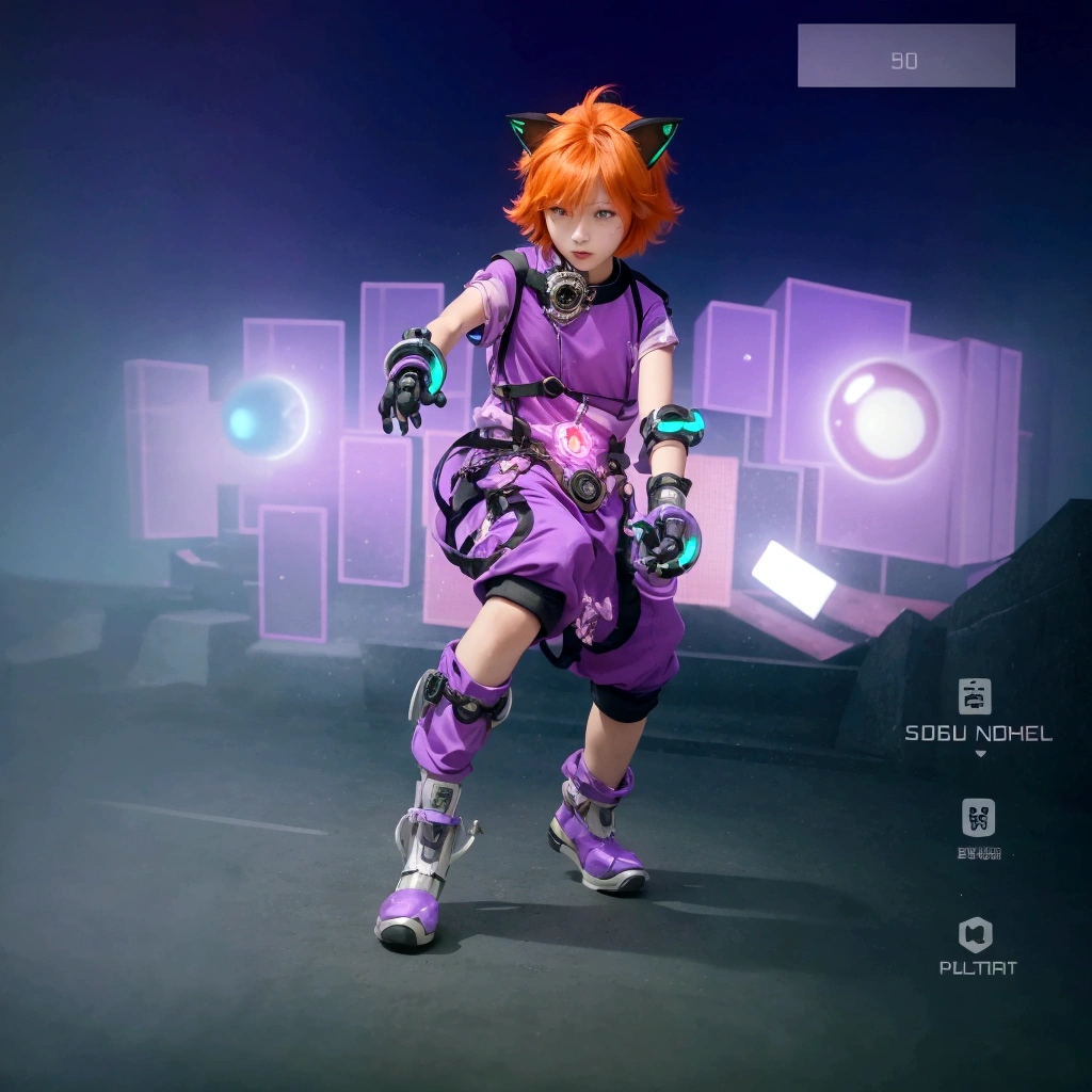 The appearance of a boy with robot cat ears dancing in a purple shirt a close up of a woman with a purple, beautiful eye, asians,orange hair, eye shadow