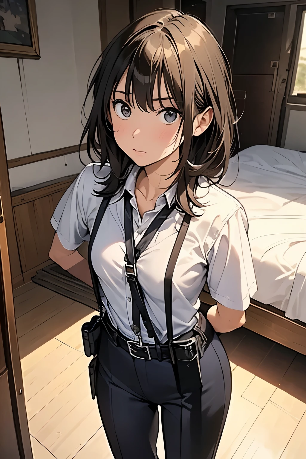 high quality, masterpiece, Ultra-high resolution, (realism: 1.4), Oil painting style, Cinema Lighting, An endless grassland dotted with a few houses, I stood on the empty asphalt road and looked at it., Fairy Mountain々was shrouded in mist, And the suspenders with the cranes flying　　　Moderate breasts　 　 　　　　Small face　 　　　holster　　　Beautiful woman　　　　 Lying in bed　Looking up　　　　Sweat 　　　belt　summer　脇Sweat 　Black Hole Gloves　suit　shirt　　Black jacket　 Black trousers　Leg Links　ズボンにbelt　　holster　 　　Hands behind your back　 Anxious expression　Looking up　Anxious face