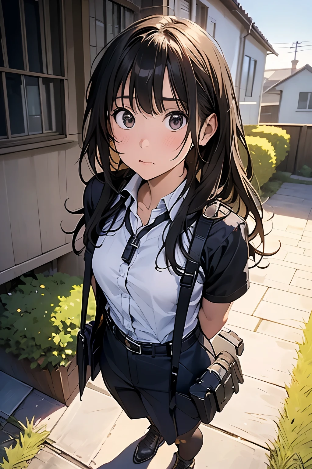high quality, masterpiece, Ultra-high resolution, (realism: 1.4), Oil painting style, Cinema Lighting, An endless grassland dotted with a few houses, I stood on the empty asphalt road and looked at it., Fairy Mountain々was shrouded in mist, And the suspenders with the cranes flying Moderate breasts Small face holster Lying in bed Looking up Sweat belt summer 脇Sweat Black Hole Gloves suit shirt Black jacket Black trousers Leg Links ズボンにbelt holster Hands behind your back Anxious expression Looking up Anxious face