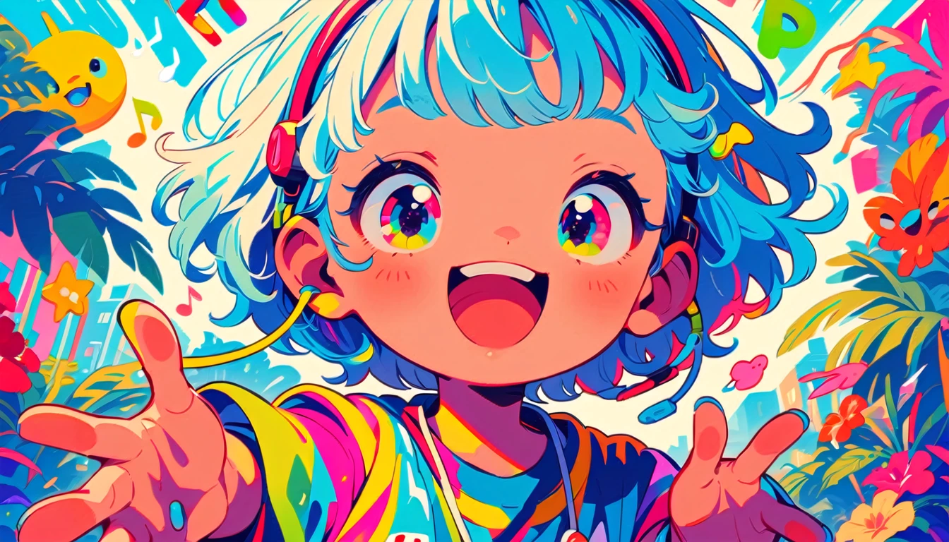 headset, pop、bright、colorful, 1 female, Light blue hair, short hair、Happy, cute, Animation Style, cute, clearly, cute、Blue as the main color、music、buzzer、buzzer, tropical, Looks cool、Looks coolな服装、 buzzerがテーマ、