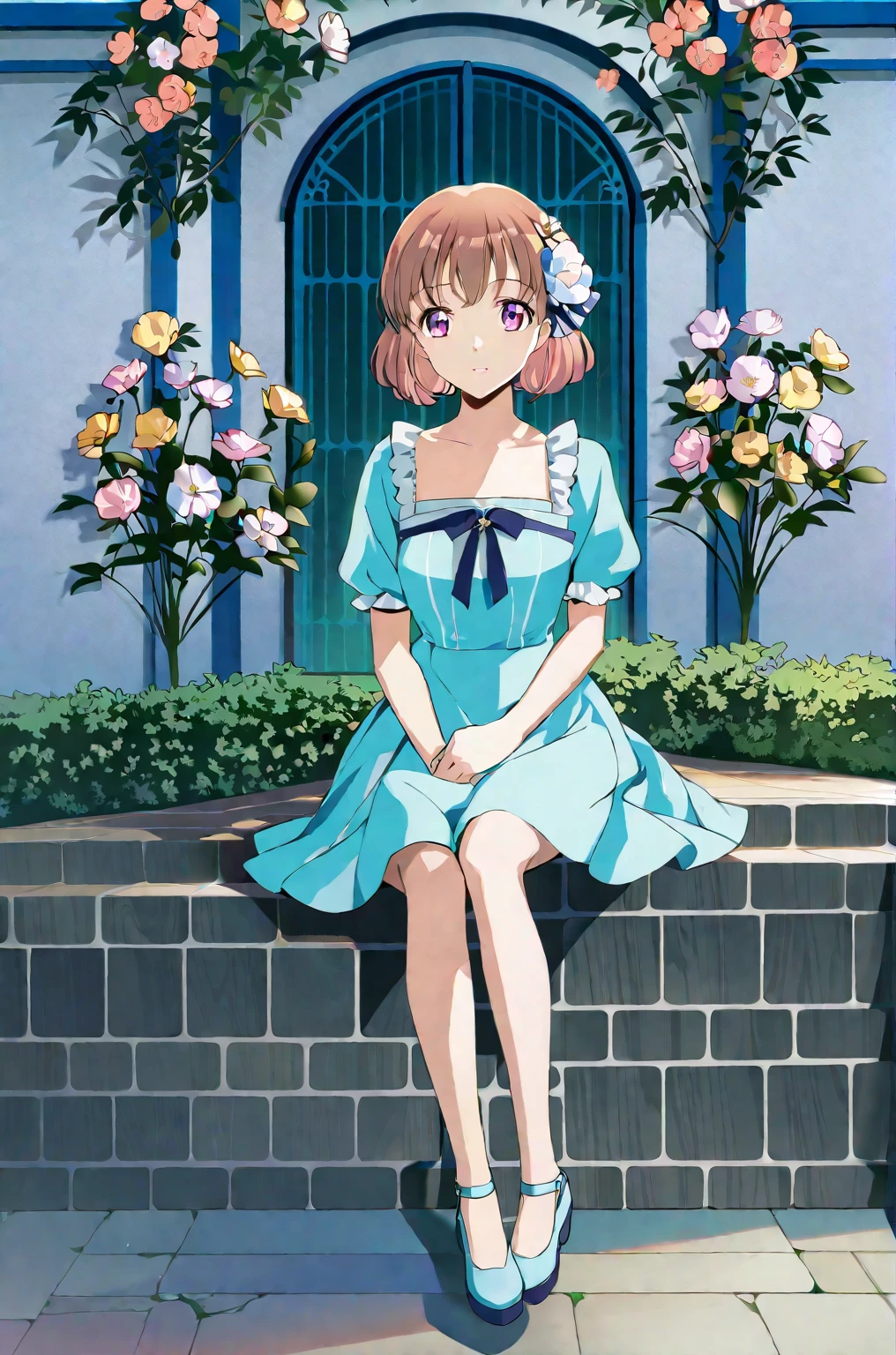 Anime girl sitting on a wall with flowers in her hair, Cute girl anime visuals,  In a dress, Beautiful Anime girl, Young Anime Girl, Cute anime waifu in a nice dress, Beautiful Anime, Anime Moe Art Style, Cute Anime Girl, High quality anime art style, Beautiful Anime art style, Beautiful Anime style, Beautiful Anime portrait, Anime full body illustration