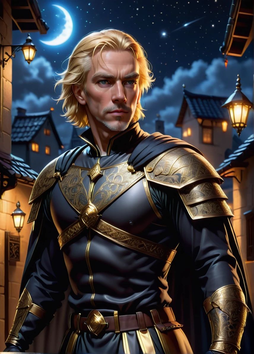 thief , mature slim male, blond hair, skinny, cloaking symbols and patterns, stealthy, face mask, night roofs with stary sky , holding an dagger, full shot, ((looking at viewer:1.2), (from side:0.8)), full armor, athletic, volumetric lighting dynamic lighting, real shadows, vibrant contrasting colors, style of Stephen Hickman and Stan Manoukian, ultra realistic, masterpiece, high quality, highres, sharp focus, intricate, sharp details, highly detailed, rich color, 8K,