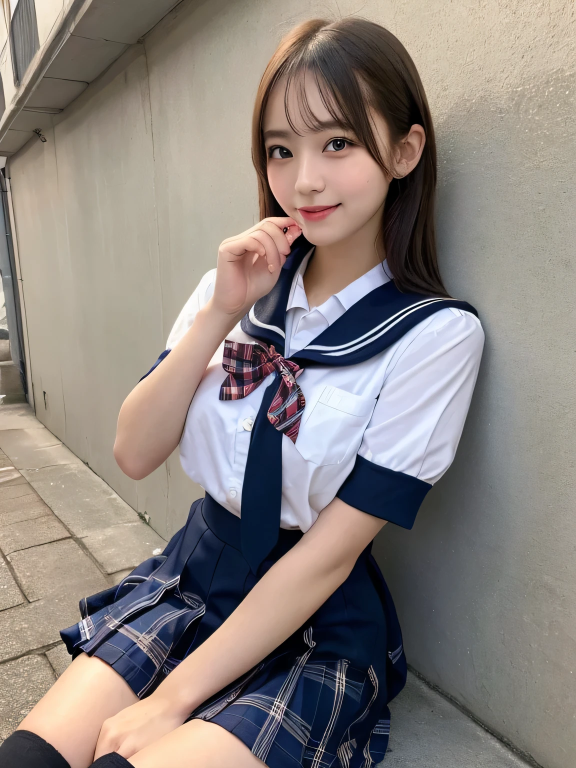 Tabletop、((Blonde)),Highest quality、figure、 Super detailedな、High resolution、8k wallpaper、Perfect dynamic composition,、Beautiful attention to detail、Natural color lip、Bold sexy pose、smile、15-year-old girl、cute、sexy shot looking at camera、(Highest quality: 1.3), (masterpiece: 1.3), (Super detailed: 1.3), (wallpaper, One Girl: 1.1), (Detailed hands and fingers:1.2)、(Ultra-oily, lustrous skin with attention to detail:1.1)、Oily shiny knee socks、(The perfect school girl uniform:1.3)、Sailor suit、(Beautiful small breasts:1.3)、(Red checkered mini skirt:1.2)、Sit with your legs apart、Blonde、short hair、Beautiful sister、Pink wall