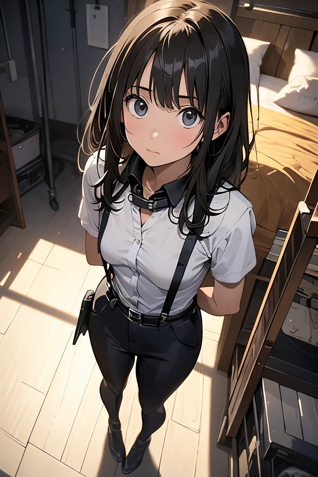 high quality, masterpiece, Ultra-high resolution, (realism: 1.4), Oil painting style, Cinema Lighting, An endless grassland dotted with a few houses, I stood on the empty asphalt road and looked at it., Fairy Mountain々was shrouded in mist, And the suspenders with the cranes flying Moderate breasts Small face holster Lying in bed Looking up Sweat belt summer 脇Sweat Black Hole Gloves suit shirt Black jacket Black trousers Leg Links ズボンにbelt holster Hands behind your back Anxious expression Looking up Anxious face