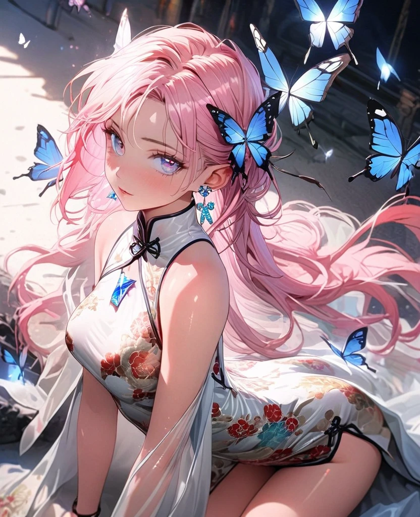 8K,gal,an extremely delicate and beautiful,Beautiful and realistic skin,Shiny jewel-like earrings,glowing tattoo,Long pink hair,beautiful eyes,whole body,beautiful butterfly ,beautiful china dress,beautiful regs
