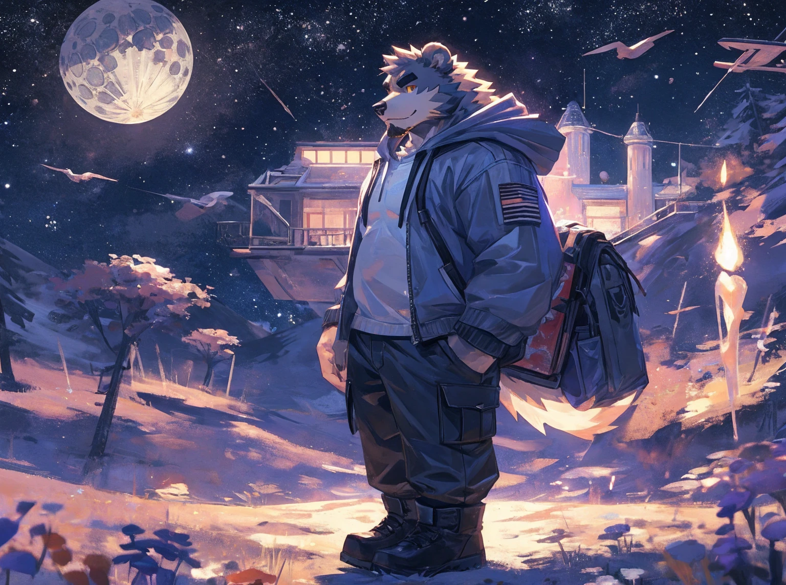 (masterpiece:1.2), best quality,pixiv,official art,perfect anatomy, (Ray tracing, light),solo, (1_male:1.3) , (muscle), (grey fur:1.4), (muscle bear), (beard:1.2), (gleaming golden eyes), bear tail, full body, Thick black eyebrows,(open hoodie parka), (pure white T-shirt inside), (cargo pants:1.2), boots, universe, planet, cosmos ,Galaxy, (on the moon: 1.3), interstellar travel