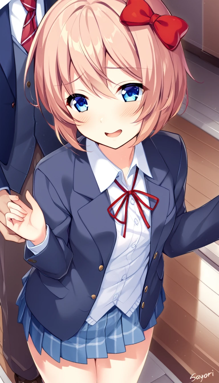 one girl, lovely, blazer, Sayori, my childhood friend, cute, short hair, blush, light blue eyes, love me, I stroke her head gently, feel happiness, from above, my hand on her head, look at me, ecstatic, I cherish her, hair bow, girl focus