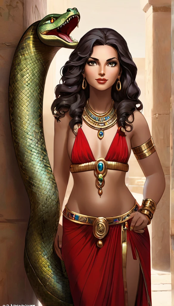 Femme de 30 ans, égyptienne, corps généreux , a l'Égypte antique, avec une très forte poitrine, a la peau de serpent, dans un temple égyptien, porte une robe rouge et maron couleur sable, moule le corps, vêtements transparent, femme avec de long cheveux raide noirs orné de nombreux bijoux, la femme est très enceinte de serpent, sa poitrine est gonflé de lait, la femme a des crochets de serpent visible lorsqu'elle sourit, la femme a des yeux doré a pupilles reptilienne, la femme et une femme serpent