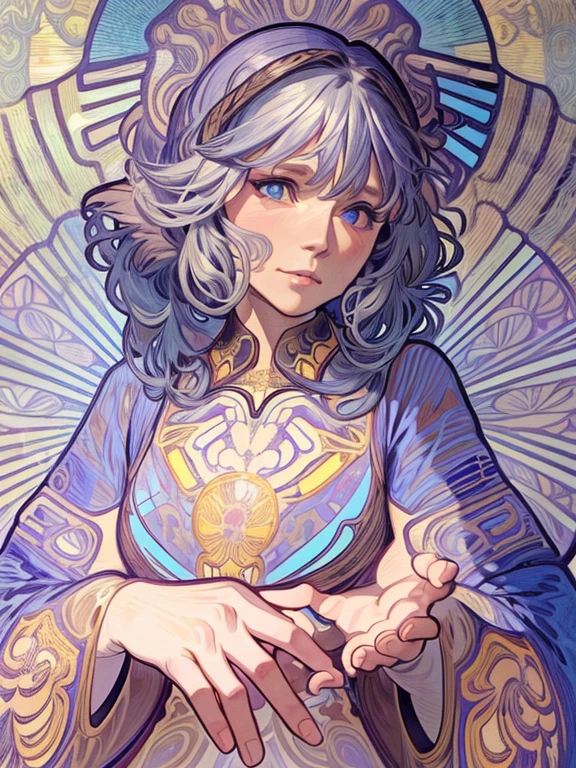 masterpiece, Highest quality, Very detailed, 16K, Ultra-high resolution, Cowboy Shot, (by Alfons Mucha:1.5), 65-year-old old woman, Detailed face, blue eyes, Gray Hair, Braiding, Red dress