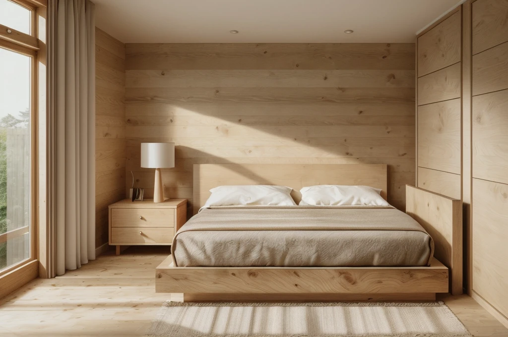 a close up of a bed in a bedroom with a wooden headboard, bedroom interior, bedroom background, bed room, wood, natural light in room, oak, bedroom, clean minimalist design, natural realistic render, wood print, modern minimal design, clean 3 d render, best on adobe stock, cedar, 4k 8k, 4 k 8 k