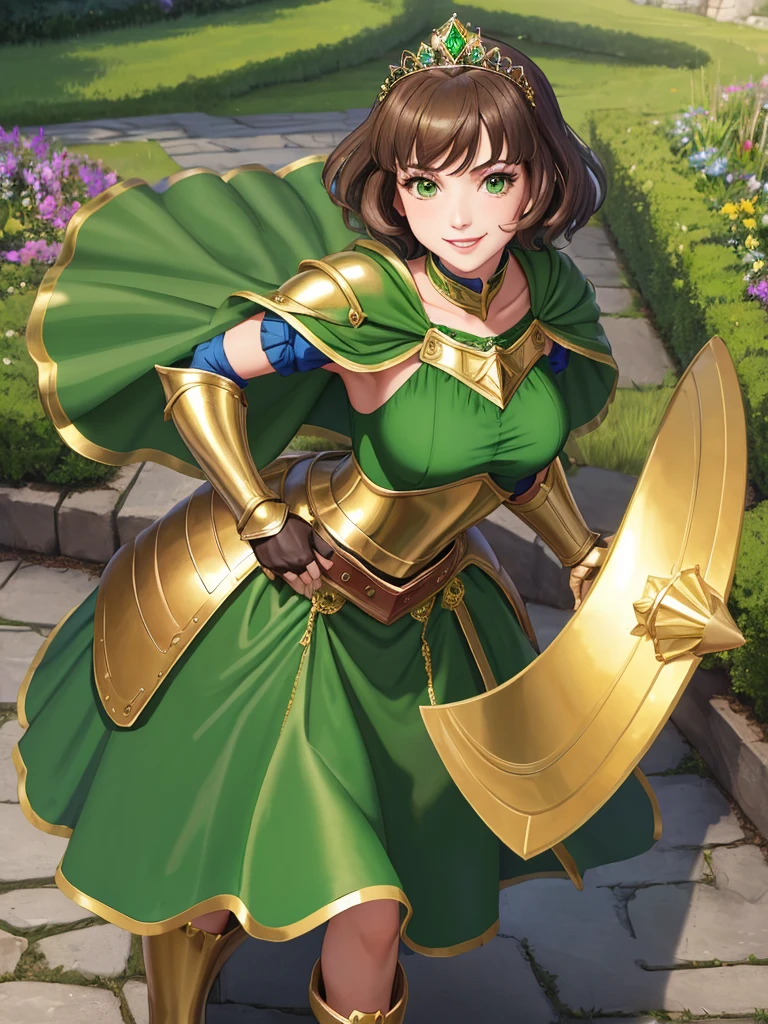 masterpiece, best quality:1.2), 1girl, smile, looking at viewer, green eyes, short brown hair, princess, armor, armored dress, green cloak cape, wearing puffy blue ballgown skirt, golden tiara with green gem, armored boots, fingerless gloves, standing in medieval garden