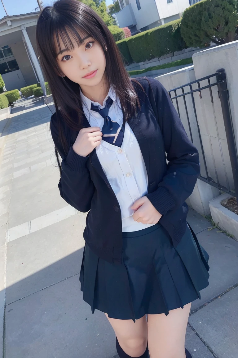 Mix 4, (16K, Raw photo, Best image quality, masterpiece: 1.45), (Realistic, Photorealistic: 1.37), One Girl, cute, Cityscape,, Professional Lighting, Photon Mapping, bedroom, Physically Based Rendering, Dark brown hair,Ponytail hairstyle, Handsome, Beautiful, well-groomed eyes、double eyelid、With a girl, (((Uniform Blazer、Long-sleeved shirts worn by Japanese high school girls、cardigan、tie、Dark blue mini skirt,、Dark blue socks、Black Loafers))), Highest quality photos, High resolution, 1080P, (Clear Face), (Detailed face description), (Detailed hand description), (masterpiece), (Exquisite CGI)、Extreme light and shadow、Disheveled Hair、masterpiece、Rich details、(Beautiful Faces)、(Highest quality photoasseter muscle area)、(Detailed eyes)、Look in front of you、Thin clavicle、((Slim and large))、(((Japan wears long sleeve shirts)))、((Pure Idol))、((Schoolyard、Entrance to the school building、In front of the school gate))、(Shot from random perspectives)、(((とにかくcute)))、Earrings、Big smile、Drawing the whole body from the knees、No nasolabial folds、(((Sports bags used by Japanese female students)))、(Large saggy breasts:1.2)、Firm big ass、Two arms and two legs、(((from the front:0.4)))、bare hands、Symmetrical eyes、