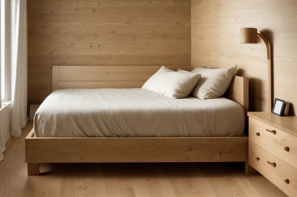 a close up of a bed in a bedroom with a wooden headboard, bedroom interior, bedroom background, bed room, wood, natural light in room, oak, bedroom, clean minimalist design, natural realistic render, wood print, modern minimal design, clean 3 d render, best on adobe stock, cedar, 4k 8k, 4 k 8 k