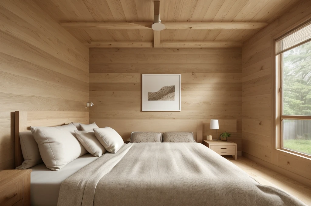 a close up of a bed in a bedroom with a wooden headboard, bedroom interior, bedroom background, bed room, wood, natural light in room, oak, bedroom, clean minimalist design, natural realistic render, wood print, modern minimal design, clean 3 d render, best on adobe stock, cedar, 4k 8k, 4 k 8 k