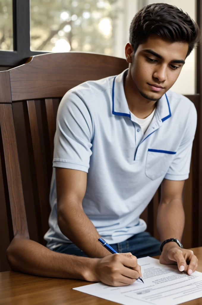 a college boy in casual clothes, sitting at a table with an informed consent in front of him, holding a pen and signing the document with concentration.