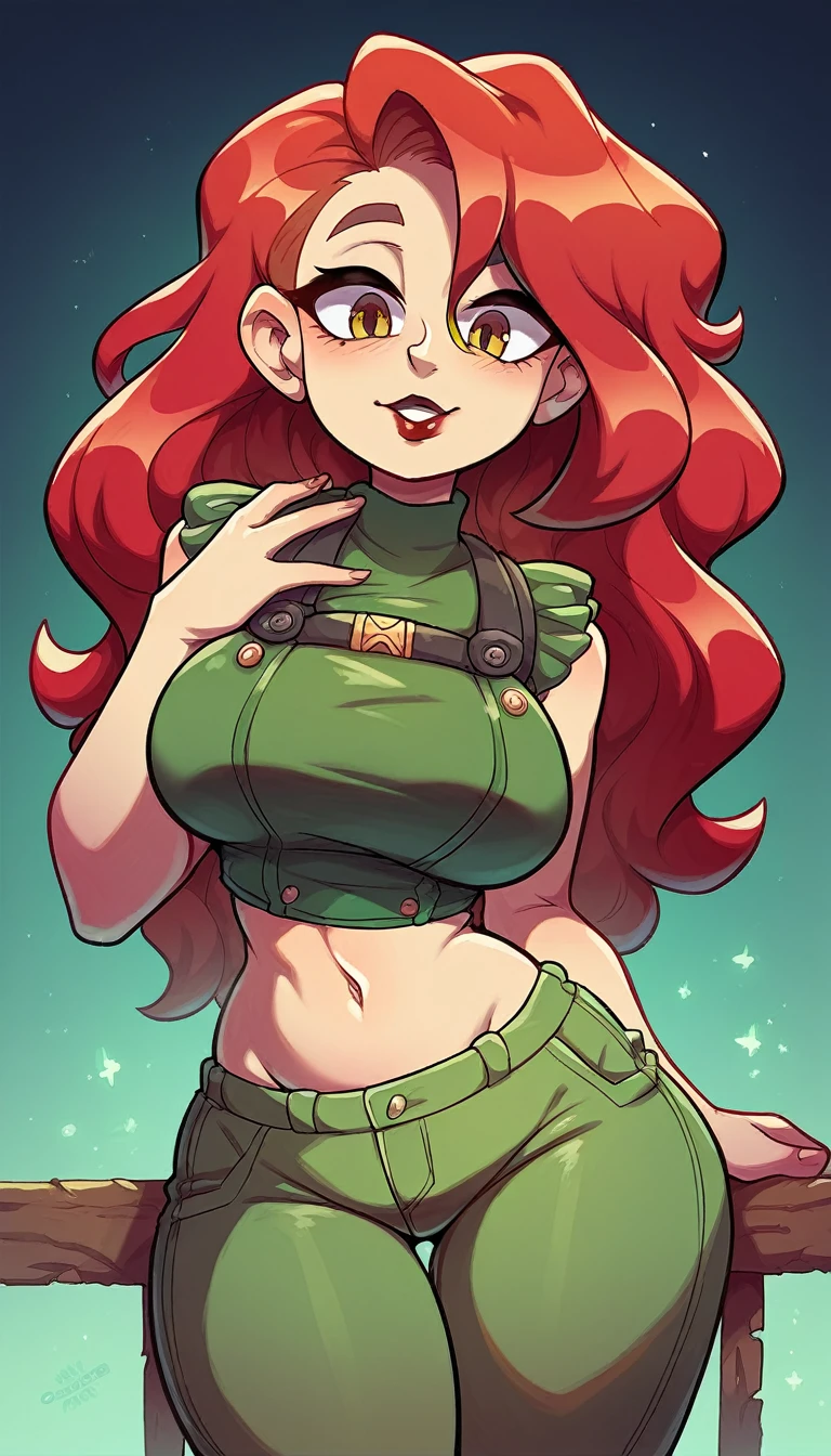 A Russian military woman sexy big breast beautiful cute long wavy dark red hair her eye gray eyebrow big black big eyelash black red lip soft cheek she dresses dark green corse shows navel and light green pants big thigh sensual yellow boot