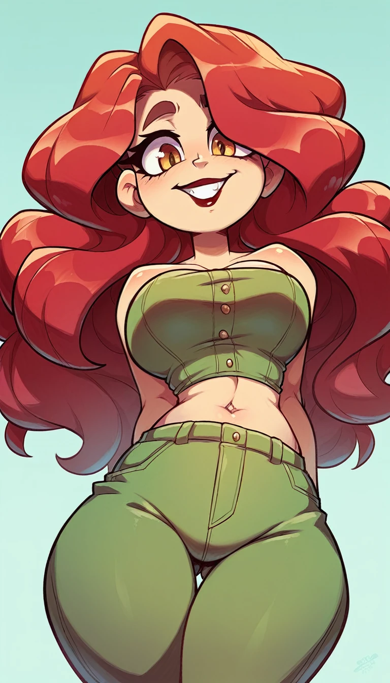 A Russian military woman sexy big breast beautiful cute long wavy dark red hair her eye gray eyebrow big black big eyelash black red lip soft cheek she dresses dark green corse shows navel and light green pants big thigh sensual yellow boot