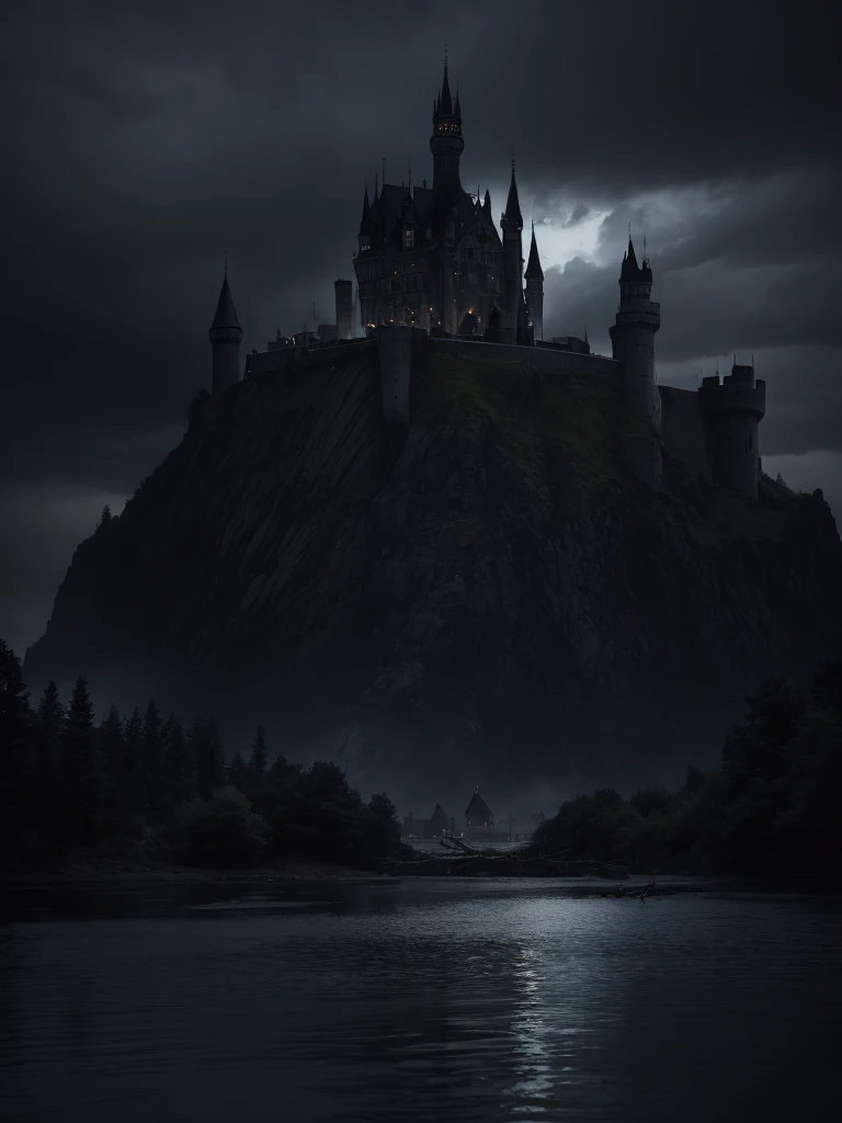 a dark castle of black stones in the background, surrounding the castle there is a huge lake with black and gloomy waters, in front of the castle the land is dead and crows roam the place and dead fallen trees