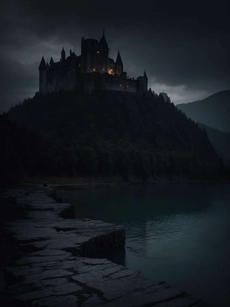 a dark castle of black stones in the background, surrounding the castle there is a huge lake with black and gloomy waters, in front of the castle the land is dead and crows roam the place and dead fallen trees