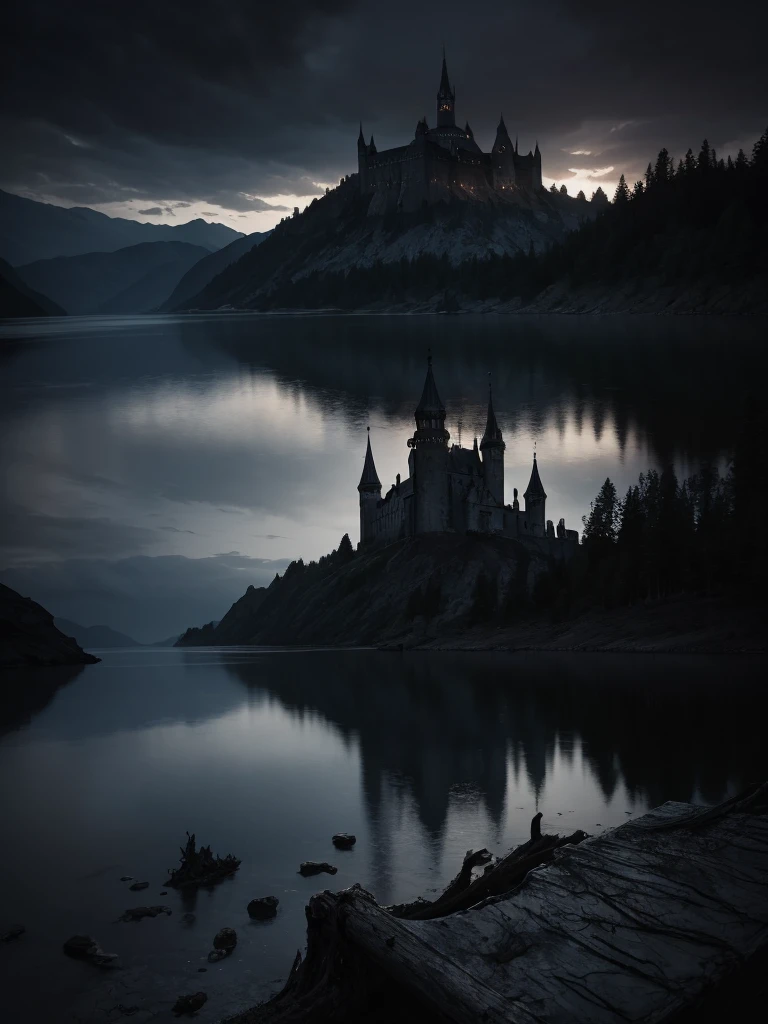 a dark castle of black stones in the background, surrounding the castle there is a huge lake with black and gloomy waters, in front of the castle the land is dead and crows roam the place and dead fallen trees