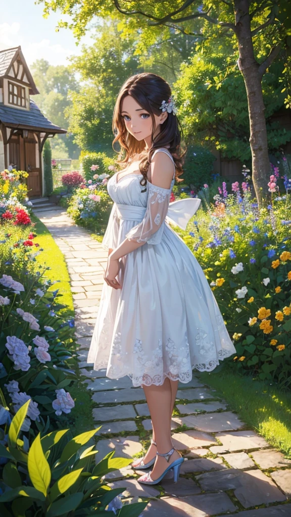 a beautiful fairytale cottage in a flower garden, small path leading to the cottage, 1girl standing in front of the cottage, extremely detailed face, beautiful detailed eyes, beautiful detailed lips, flower field, lush greenery, warm golden hour lighting, (best quality,4k,8k,highres,masterpiece:1.2),ultra-detailed,(realistic,photorealistic,photo-realistic:1.37),vibrant colors,intricate details,dreamlike,whimsical,magical