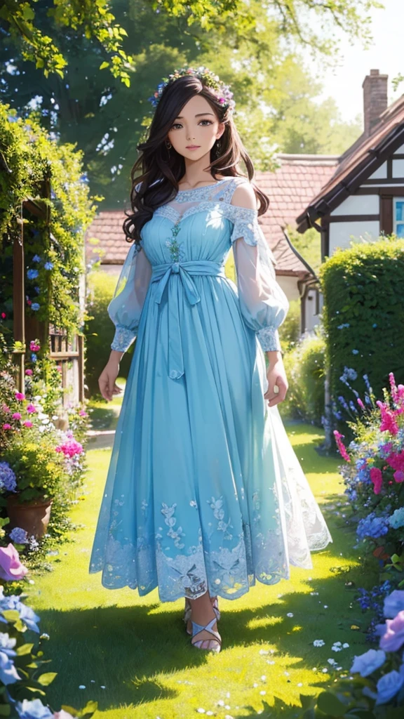 a beautiful fairytale cottage in a flower garden, small path leading to the cottage, 1girl standing in front of the cottage, extremely detailed face, beautiful detailed eyes, beautiful detailed lips, flower field, lush greenery, warm golden hour lighting, (best quality,4k,8k,highres,masterpiece:1.2),ultra-detailed,(realistic,photorealistic,photo-realistic:1.37),vibrant colors,intricate details,dreamlike,whimsical,magical