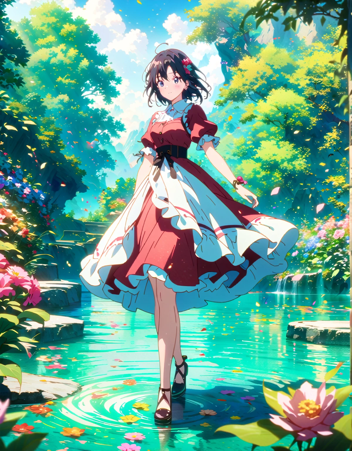 Anime girl in a red dress standing in a garden with flowers, Anime Style 4 k, anime art wallpaper 4k, anime art wallpaper 4k, アニメアート壁紙 8K, Beautiful anime artwork, Anime girl walking on water, Makoto Shinkai Cyril Rolland, Beautiful digital art, Beautiful anime art, Beautiful Art UHD 4K, Anime Style. 8K