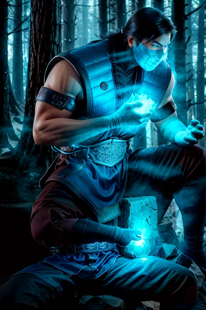 Sub-ZeroKuaiLiang ,zbzr, masterpiece, best cinematic quality, photorealistic highly detailed 8k raw photo, volumetric lighting, volumetric shadows, man, sitting on a big mountain, gloves, blue armor, A dilapidated, haunted house with creaking floors and whispers in the wind, helmet, mask, holding a sword, extreme close-up